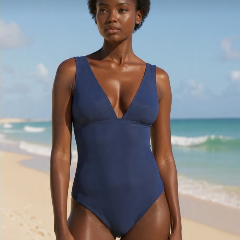 & OTHER STORIES Structured V-Cut Swimsuit Textured Navy- Size 12